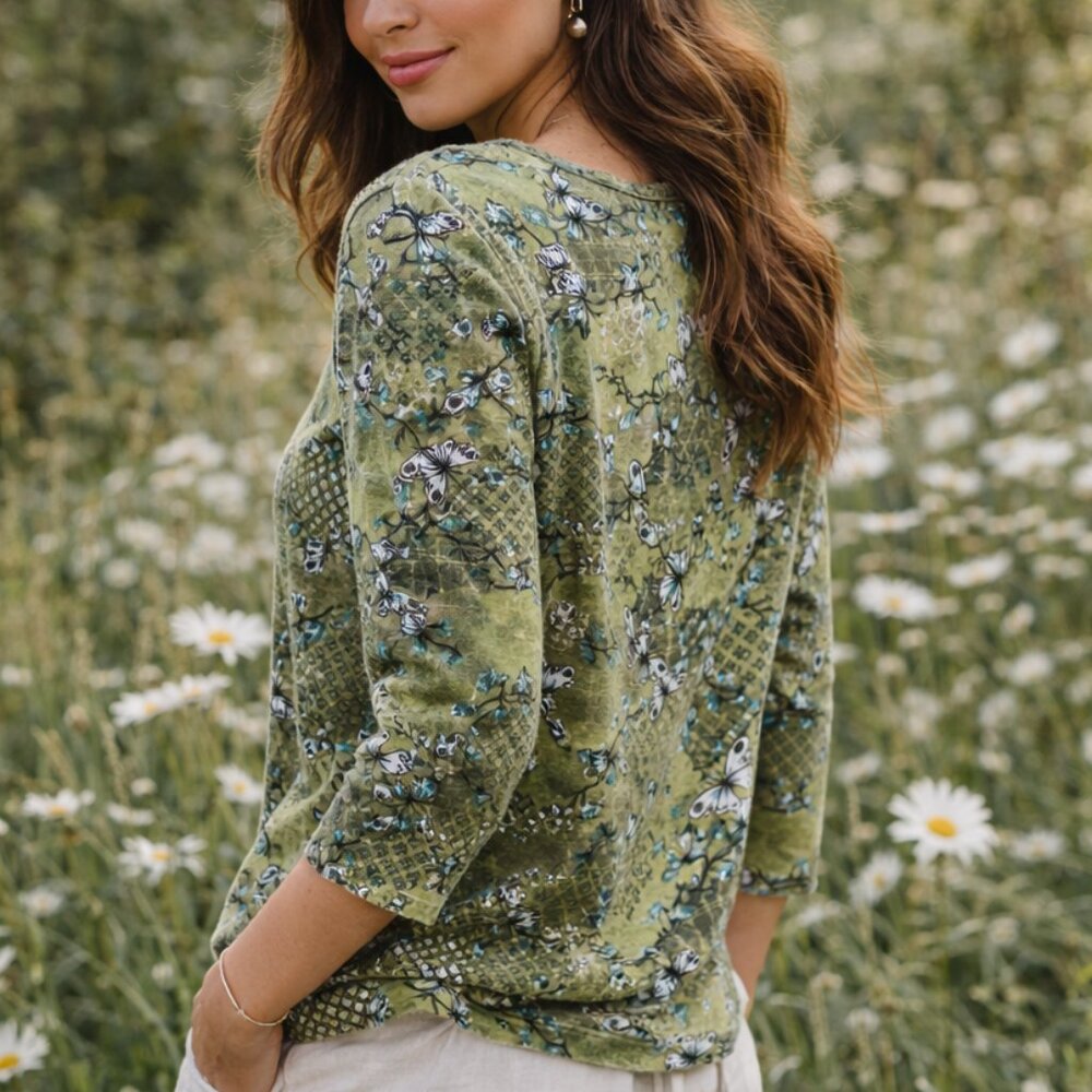 Le Moda Green Butterfly 100% Cotton Top | Cottagecore Boho 3/4 Sleeve | Large